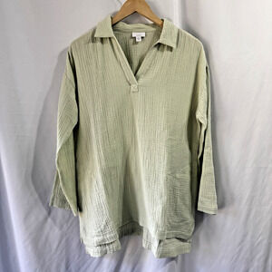 J. Jill Tunic Top Womens Medium Petite Honeydew Green Crinkled Organic Cotton